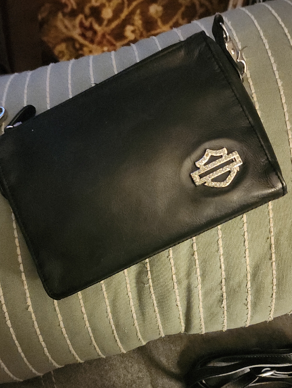 Harley-Davidson Black Leather Clutch with Silver Shield Accent